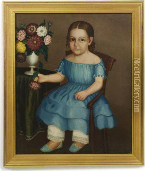 Portrait Of Young Girl With Vase Of Zinnia Blooms Oil Painting - Horace Bundy