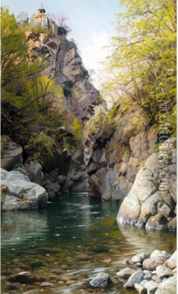 En Bjerg Slugt (the Mountain Gorge) Oil Painting - Peder Mork Monsted