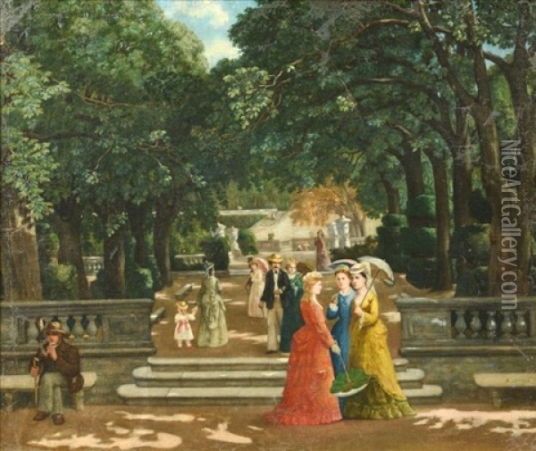 Figures Strolling On A Terrace Overlooking Gardens Oil Painting - Henri Douzil