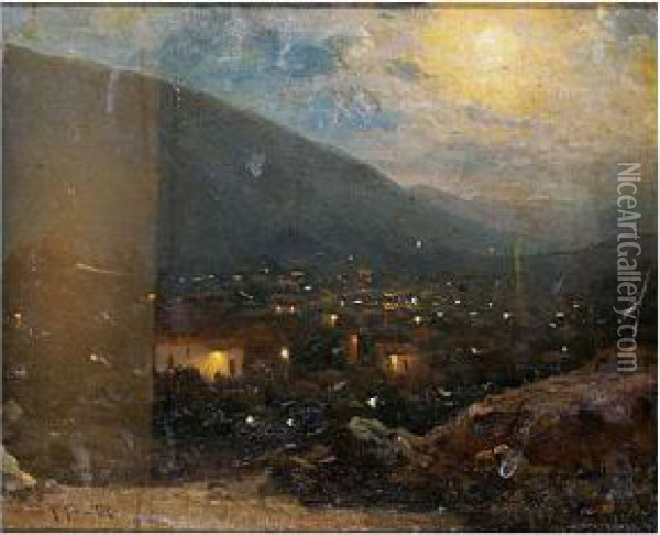 Vista De Un Pueblo Al Anochecer Oil Painting - Guillermo Gomez Gil