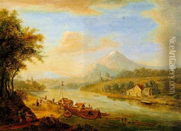 Flusslandschaft Mit Booten Und Wanderern Oil Painting - Christian Georg Schuetz the Younger