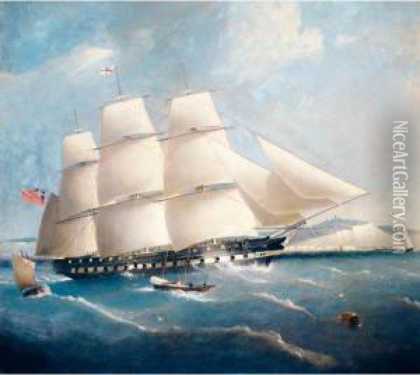 An Inward Bound East Indiaman Off Dover Wearing The Richard Green Houseflag Oil Painting - Frederick Tudgay
