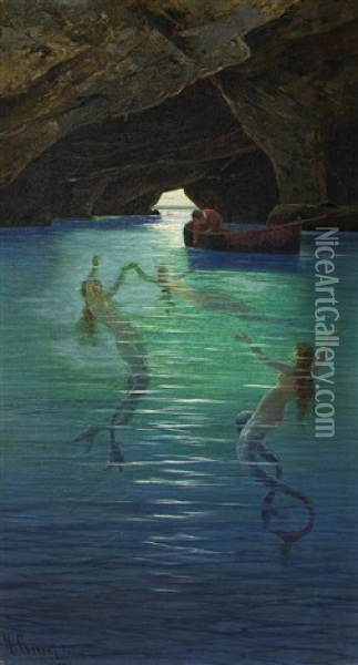 Fischer Und Meerjungfrauen In Der Blauen Grotte Auf Capri Oil Painting - Hermann David Salomon Corrodi