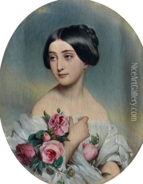 Portrait Presume De La Reine Victoria Jeune Tenant Des Roses Oil Painting - Hermann Winterhalter