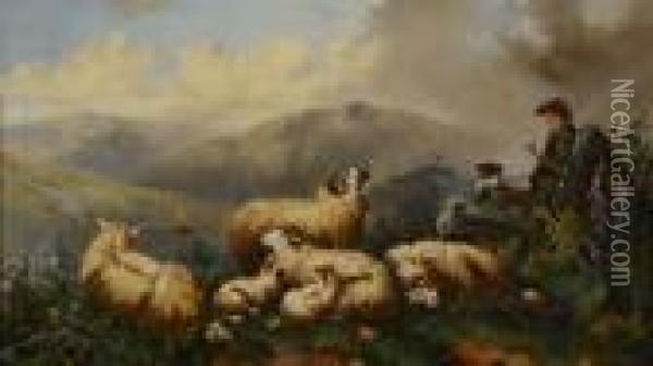 Shepherd With Highland Sheep Oil Painting - John Morris