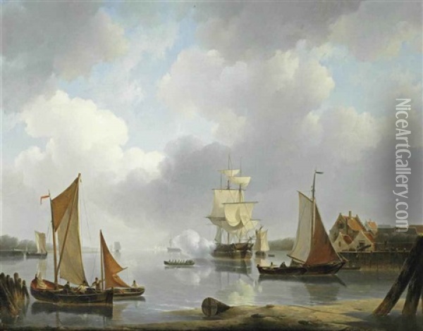 A Frigate Firing A Salute In The Harbor Entrance Oil Painting - Petrus Jan (Johannes) Schotel
