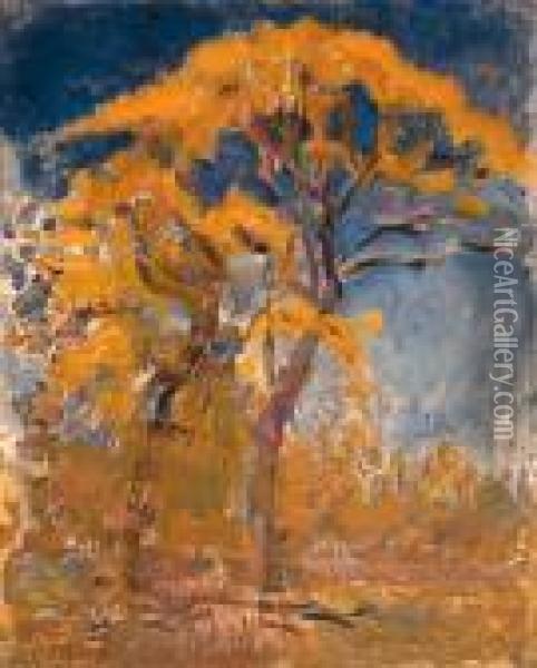 Two Trees With Orange Foliage Against Blue Sky Oil Painting - Piet Mondrian