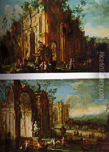 Elegant Figures By The Ruins Of Baroque Palaces Oil Painting - Gherardo Poli
