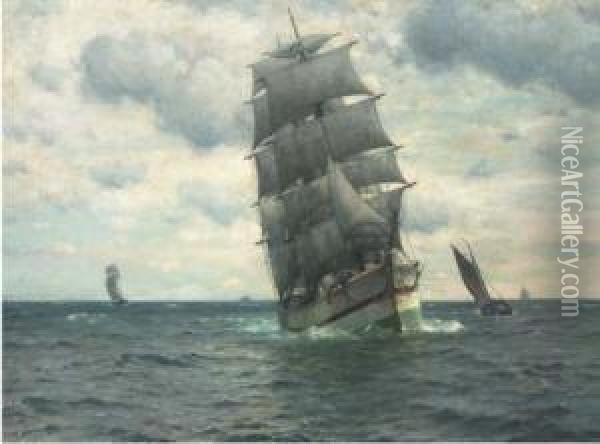 A Barque Under Sail And Running Down Channel Oil Painting - William Edward Norton