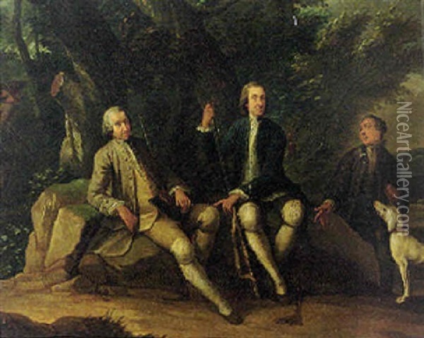 Sportsmen Resting In A Rocky Wooded Landscape Oil Painting - Herman van der Myn
