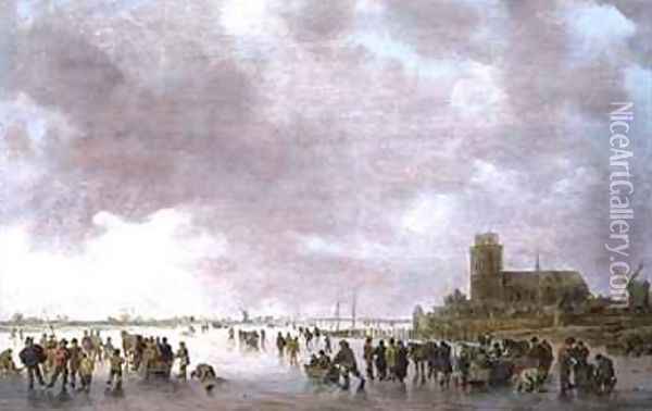 A Winter Landscape with Figures Skating on the Ice Oil Painting - Jan van Goyen