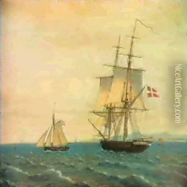 Marine Med Sejlskibe Udfor Kyst Oil Painting - Christoffer Wilhelm Eckersberg