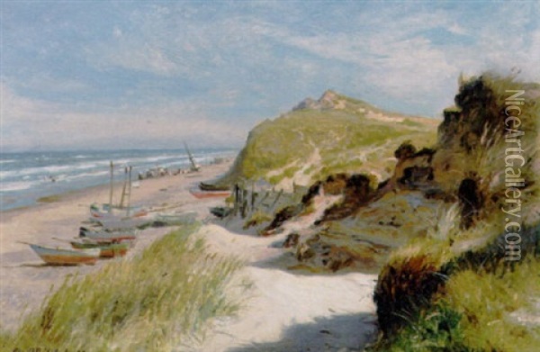 Optrukne Bade Pa Stranden En Sommerdag Ved Vesterhavet Oil Painting - Christian Ferdinand Andreas Molsted