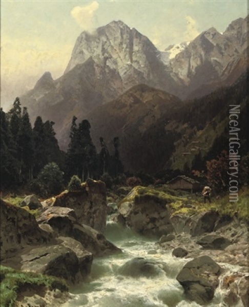 Along A Alpine River Oil Painting - Otto von Kameke