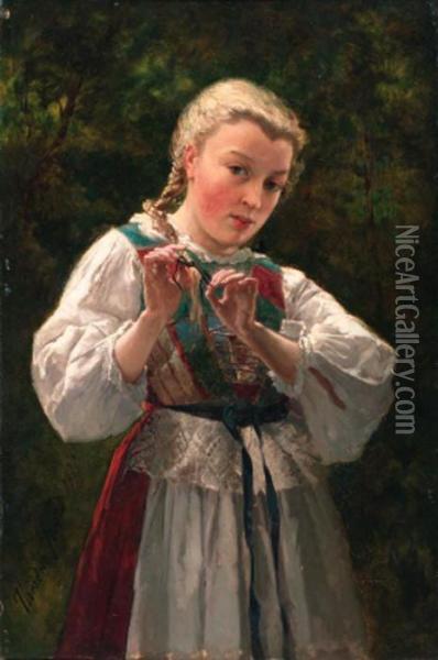 A Young Girl Braiding Her Hair Oil Painting - Theodore Gerard