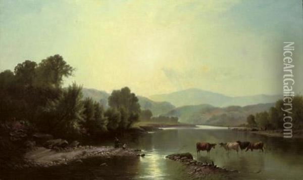 Cattle Watering In A Summer Landscape Oil Painting - Henry John Boddington
