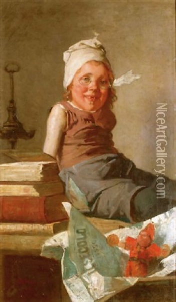 Jeune Enfant Assis Sur Une Commode Au Premier Plan Une Marionnette Et Le Journal Il Secolo Oil Painting - Antonio Mancini