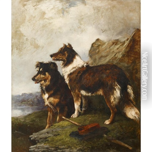 Two Collies Awaiting Their Master Oil Painting - John Emms