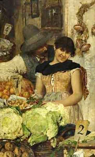 A Venetian Vegetable Stall Courtship Oil Painting - Giacomo Favretto