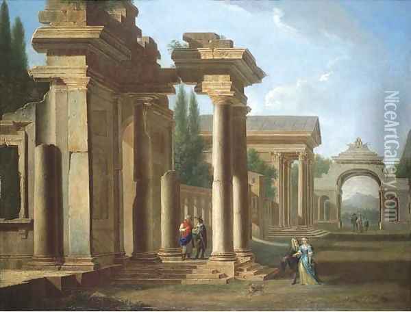 A capriccio of classical ruins with elegant figures promenading Oil Painting - Niccolo Codazzi