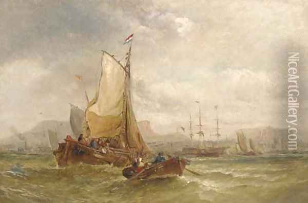Congested coastal waters with a Dutch barge making ready to enter a busy harbour Oil Painting - George Chambers