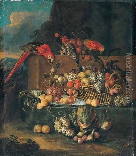 Still Life Of Fruits In A Basket And A Blue And White Dish With A Parrot In A Landscape Oil Painting - Jan Pauwel II the Younger Gillemans