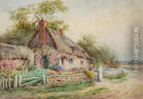 Figures Outside A Cottage Oil Painting - Henry Stannard