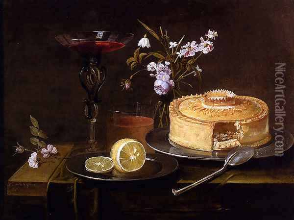 A Still Life Of A Pie And Sliced Lemon On Pewter Dishes, A Vase Of Flowers, A Glass Of Beer And A Wine Glass Upon A Partly Draped Table Oil Painting - Frans Ykens