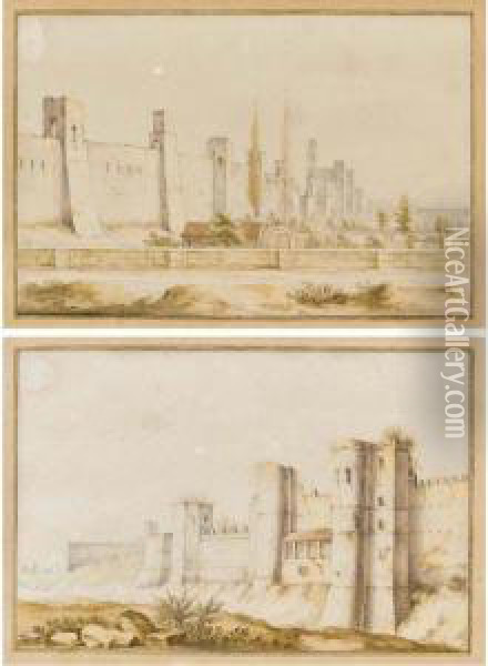 Two Views Of A Walled City, Possibly Carcassonne Oil Painting - Jan I van Call