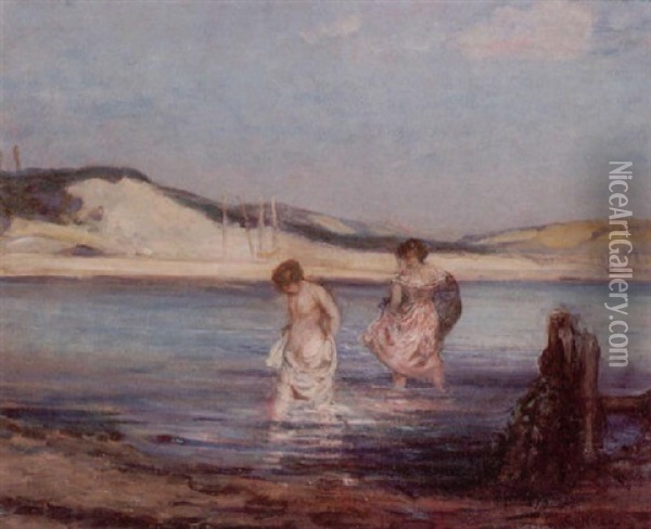 Two Young Women Paddling Oil Painting - Charles Conder