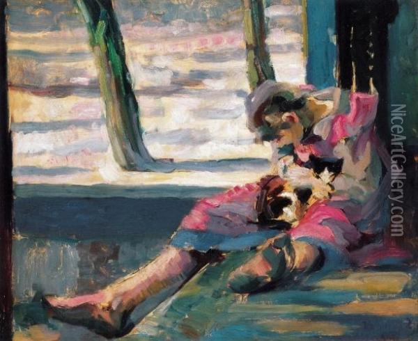 Girl In Pink Dress With A Cat, About 1905 - 1907 Oil Painting - Janos Vaszary