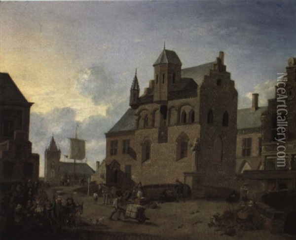 Capriccio Of A Dutch Town With A Vegetable Stall And Townsfolk Oil Painting - Johannes Huibert (Hendric) Prins