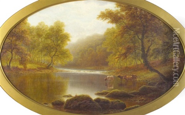 Bolton Woods, Cattle By The River Wharfe Oil Painting - William Mellor