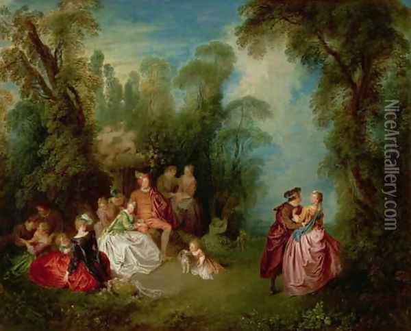 Conversation Galante by a Fountain, 1720s Oil Painting - Jean-Baptiste Joseph Pater