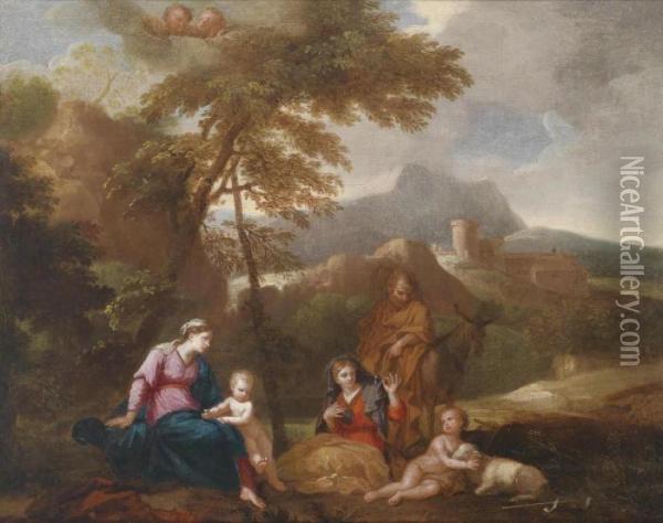 The Holy Family With Saint Elizabeth And The Infant Baptist In A Landscape Oil Painting - Giovanni Battista Pace