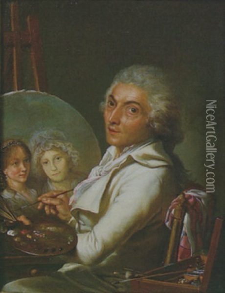 L'artiste Travaillant Au Portrait De Sa Femme Et De Sa Fille Oil Painting - Pierre (Pere) (Delacour) Lacour