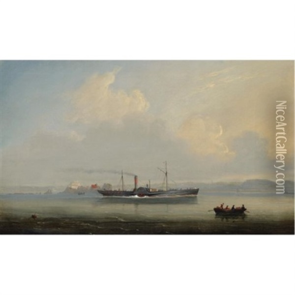 The Jersey-st. Malo Paddle Steamer "superb" Outward Bound From St. Helier With Elizabeth Castle Astern Oil Painting - Philip John Ouless