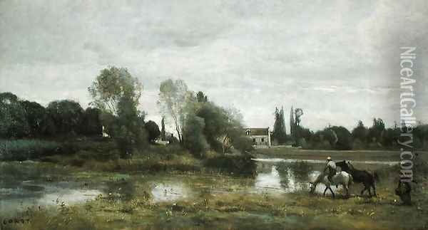 Ville d'Avray, Horses Watering, c.1860-65 Oil Painting - Jean-Baptiste-Camille Corot