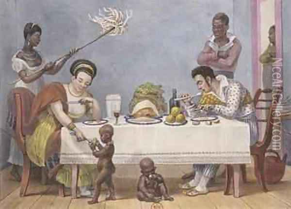 The Dinner a white couple being served and fanned by black slaves Oil Painting - Jean Baptiste Debret