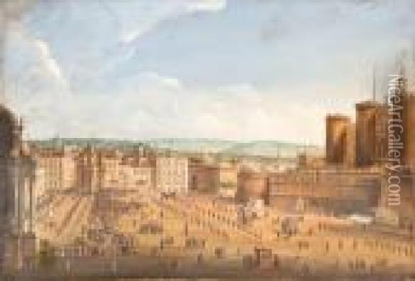 Views Of Naples: The Carnival At
 Largo San Ferdinando With A Royalprocession; And The Carnival Outside 
The Castle Oil Painting - Antonio Joli