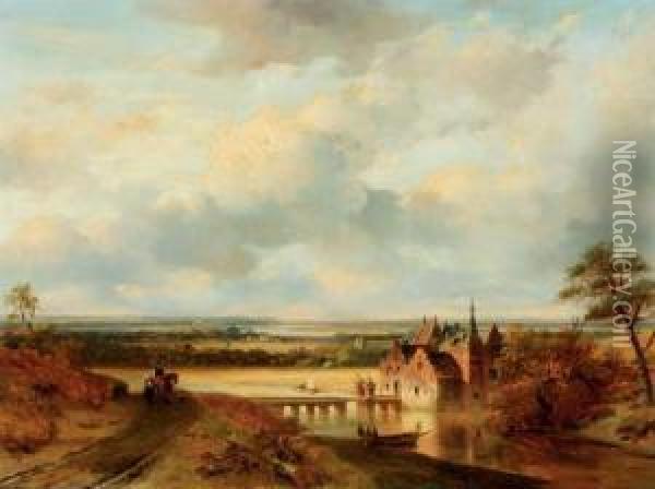 A Panoramic Landscape With A Castle By A River Oil Painting - Nicholas Jan Roosenboom
