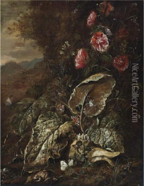 Still Life With Flowers And Plants In A Landscape With Toads And Moths Oil Painting - Otto Marseus Snuff. Van Schrieck
