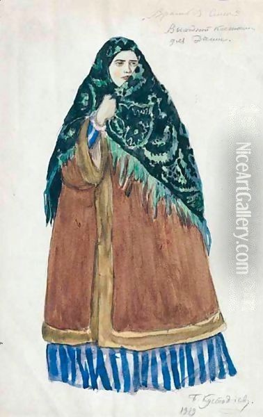 Costume Design For Dasha, The Merchant's Wife 2 Oil Painting - Boris Kustodiev