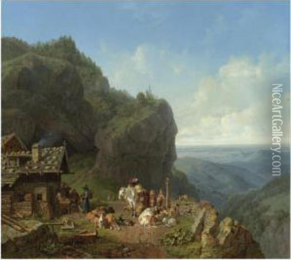 Wirtshaus Auf Der Alm Mit Alpzug (tavern In The Alps) Oil Painting - Heinrich Burkel