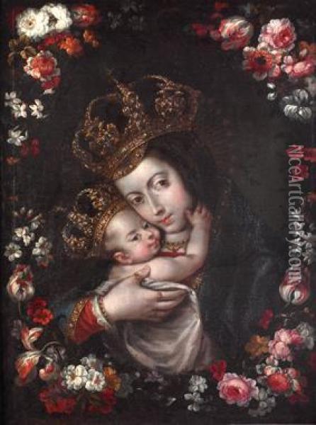 Virgen De Belen En Guirnalda Floral Oil Painting - Gabriel De La Corte