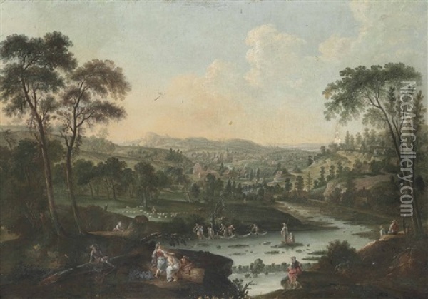 An Extensive Mountainous River Landscape With Classical Figures At Rest In The Foreground, Fishermen Laying Out Their Nets, A Herdsman And His Flock Beyond Oil Painting - Andrea Locatelli