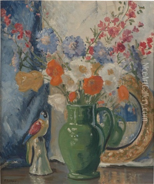 Flower Still Life With A Green Mug And Porcelain Parrot Oil Painting - Edith A. Hope