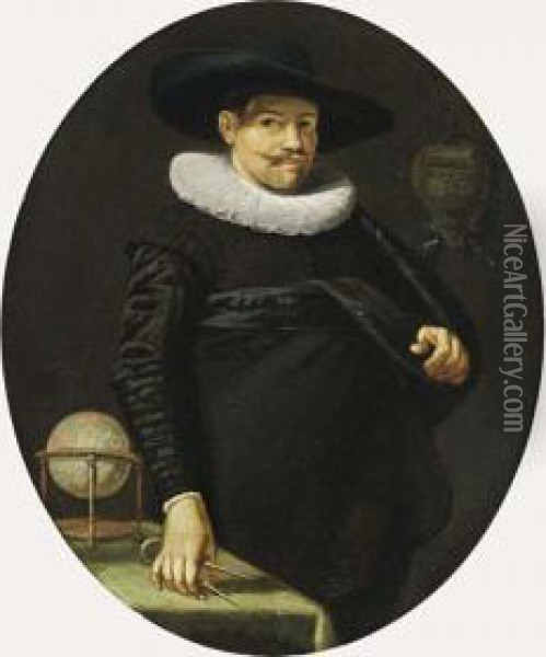 A Portrait Of A Geographer, Aged
 34, Standing Three-quarter Length, Wearing A Black Satin Suit With A 
White Lace Collar And A Black Hat, A Table With A Globe On The Left Oil Painting - Hendrick Gerritsz. Pot
