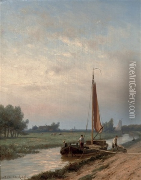 Unloading A Barge On The Gooische Vaart, Hilversum Oil Painting - Johannes Hermanus Barend Koekkoek
