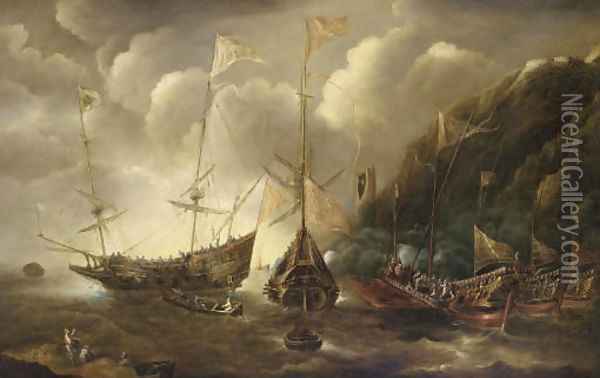 A Mediterranean capriccio of a sea fight between European merchantmen and Ottoman galeasses Oil Painting - Andries Van Eertvelt